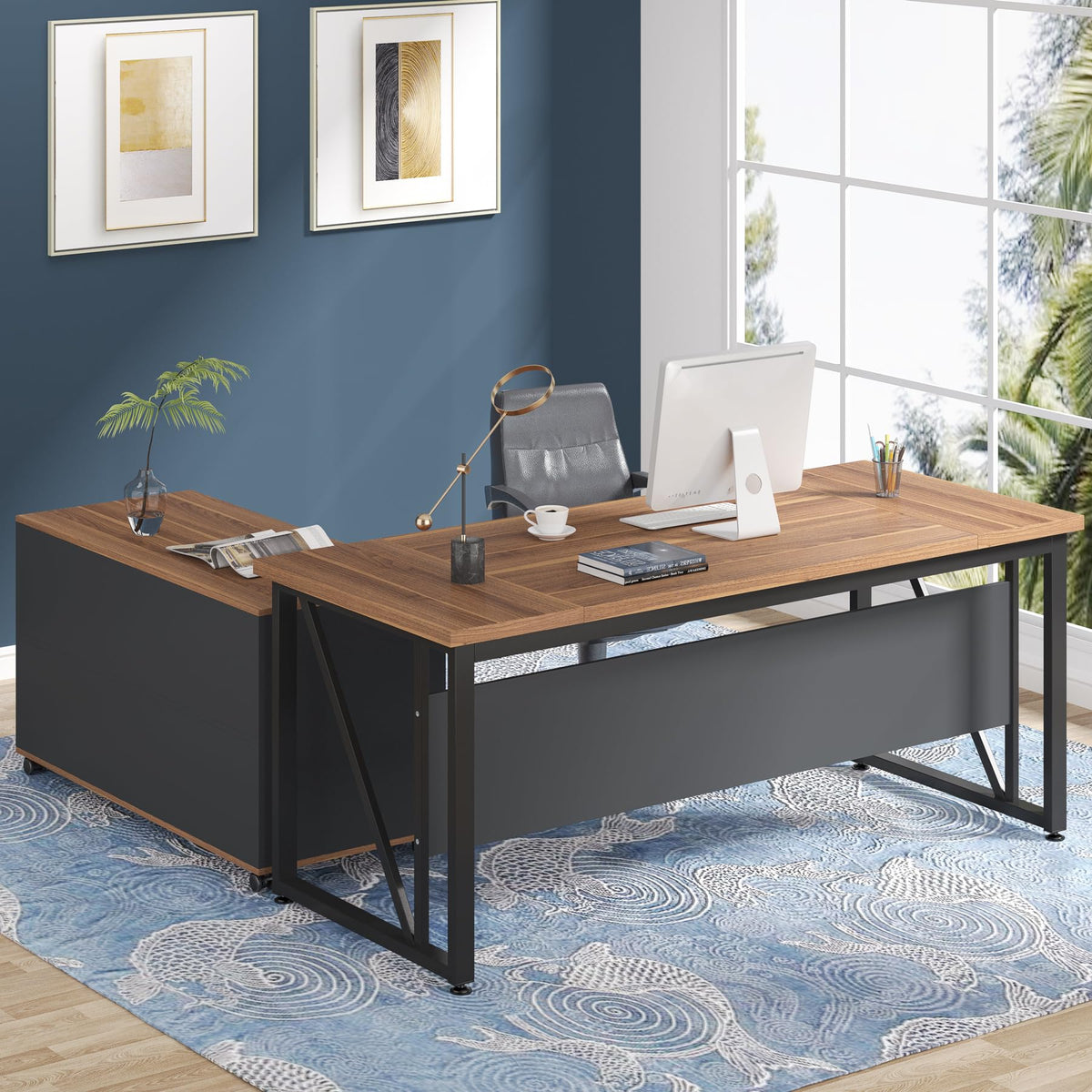 Tribesigns 55 inches Executive Desk and 43" lateral File Cabinet, L-Shaped Computer Desk Home Office Furniture with Drawers and Storage Shelves, Office Table with Cabinet