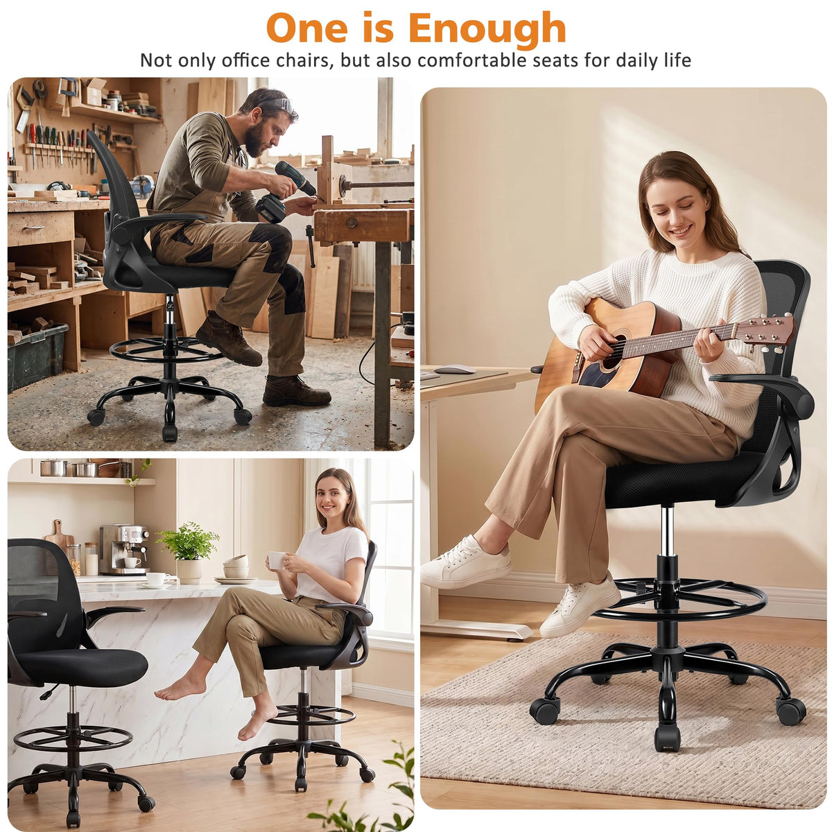 Drafting Chair Tall Office Chair with Flip-up Armrests, Adjustable Height, and Enhanced Lumbar Support - Ergonomic Rolling Stool, Back Support, and Adjustable Foot Rest Ring for Standing Desk White