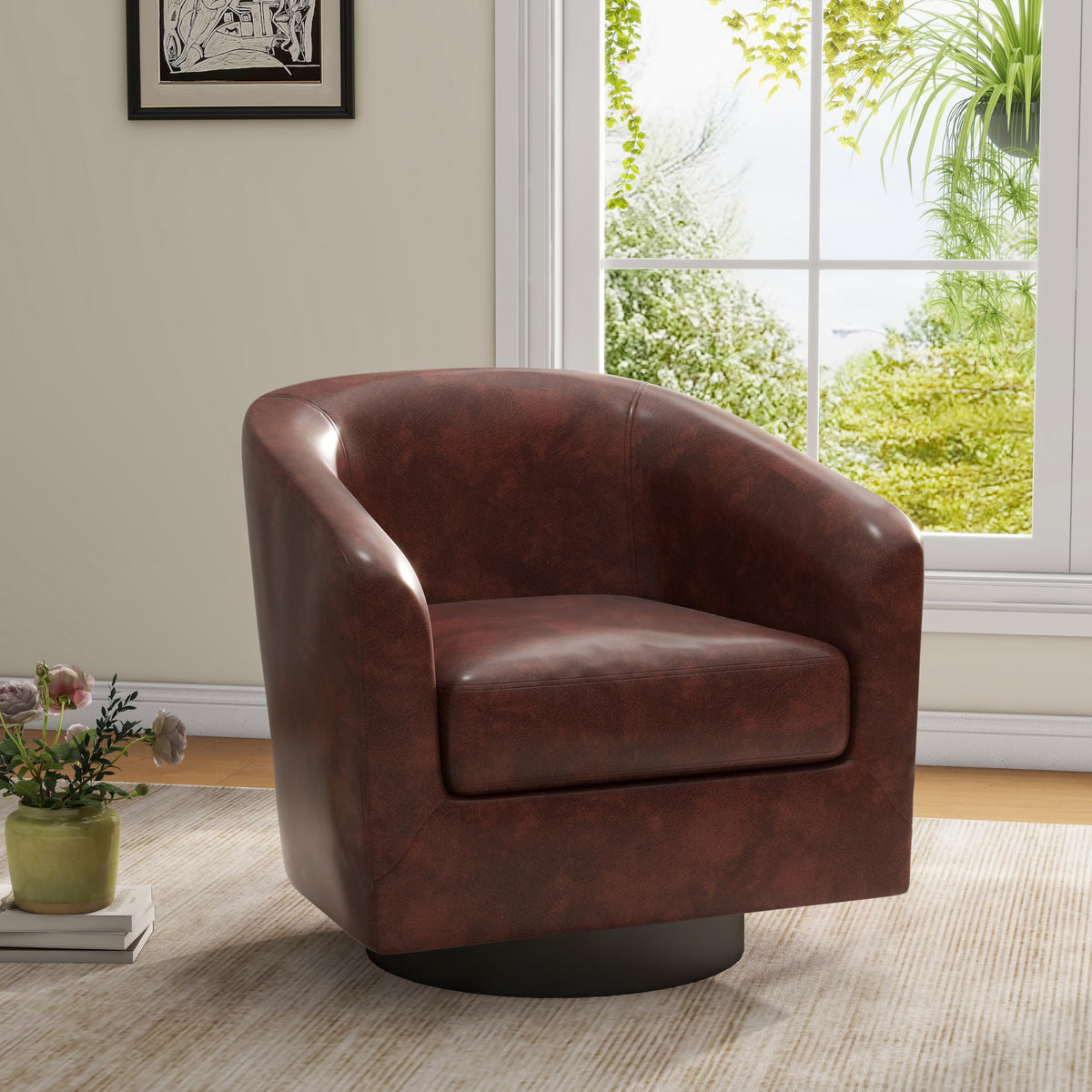 Faux Leather Swivel Accent Chairs Set of 2, Barrel Armchair, Brown