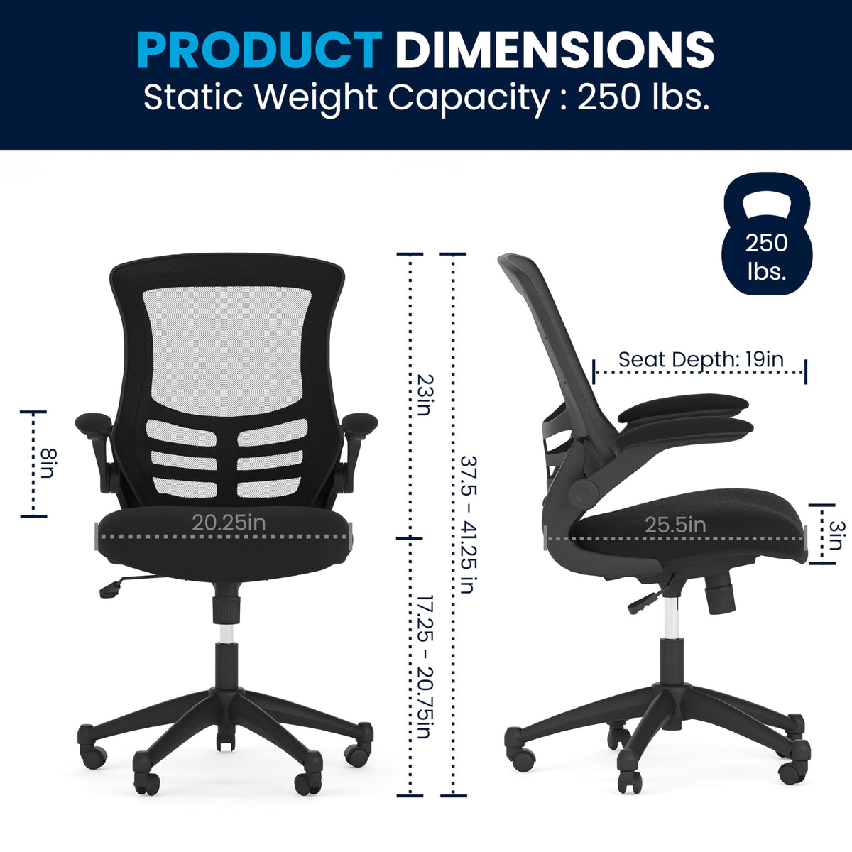 Flash Furniture Set of 4 Mid-Back Swivel Ergonomic Task Office Chairs with Flip-Up Arms, Black Mesh