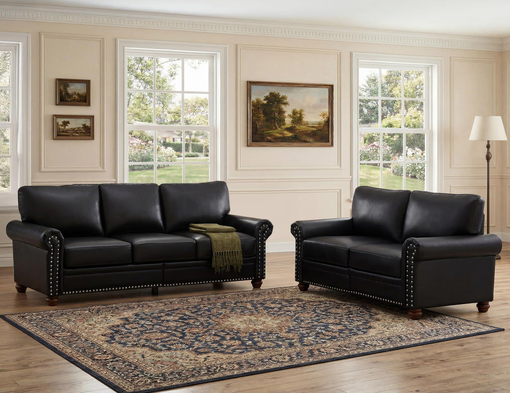 2 Piece Couch Sets for Living Room,Mid Century Modern Couch with Storage Nailhead Trim & Rolled Armrests,Deep Seat Comfy Couch,Furniture Set for Living Room,Bedroom,Office(Navy Blue,Loveseat+3 Seater)