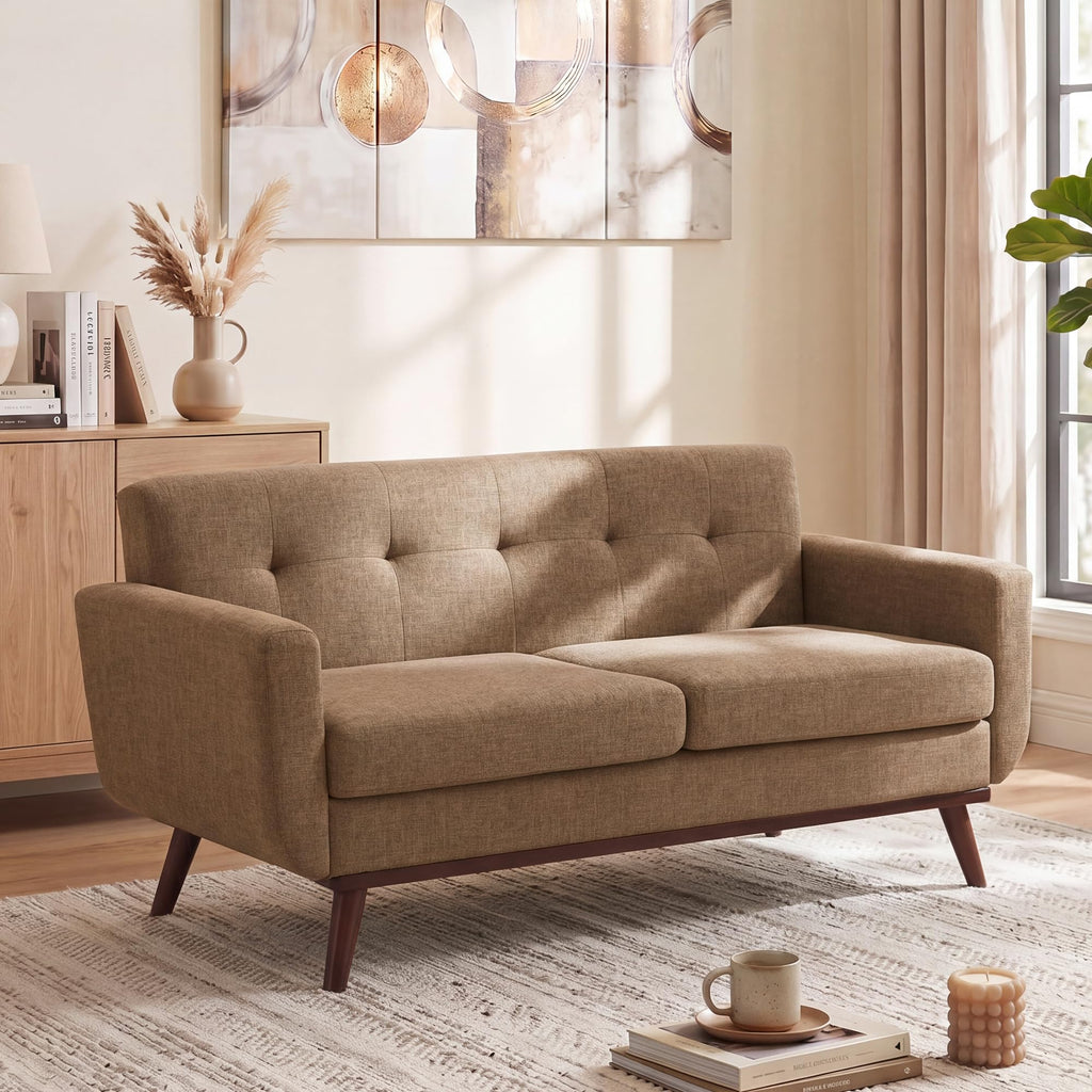 Kingfun 2 Piece Loveseat and Sofa Sets, Mid Century Modern Love Seat Couches for Living Room, Button Tufted Upholstered Furniture, Small Couch for Bedroom, Office, Beige