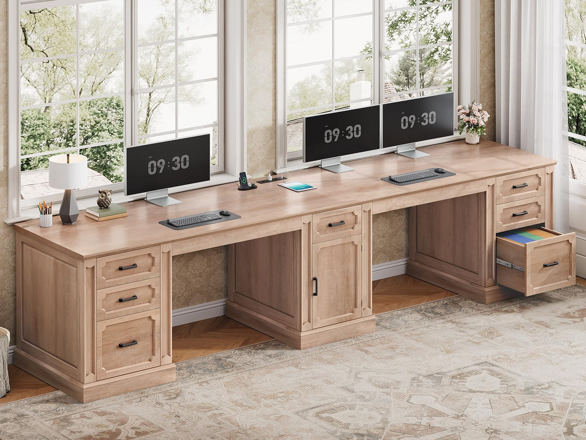 SEDETA Farmhouse 70.9" Executive Desk, Home Office Desk with File Drawers and Storage Cabinet, Computer Desk with Power Outlet for Home Office, Work Study Writing, Black+Brown
