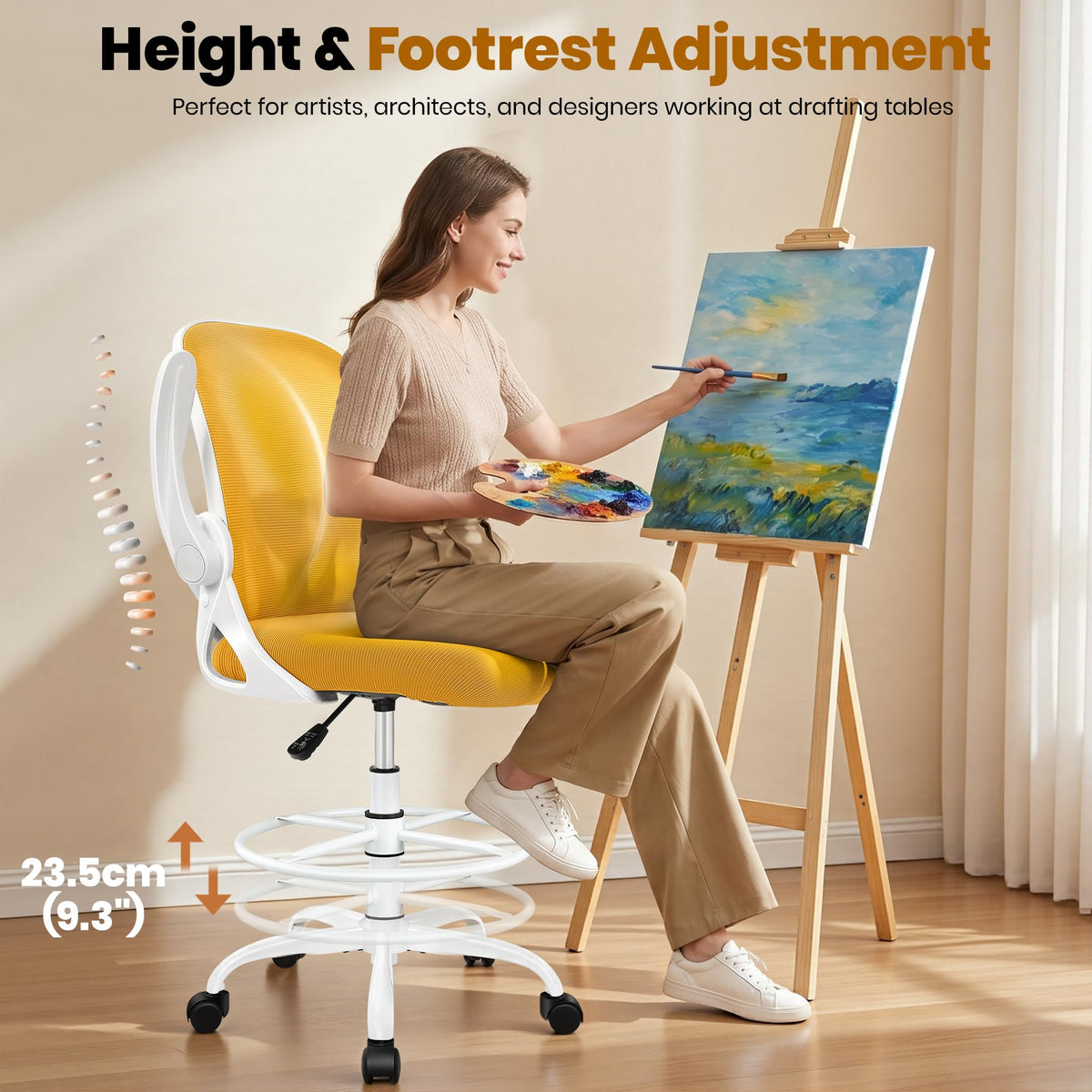 Drafting Chair Tall Office Chair with Flip-up Armrests, Adjustable Height, and Enhanced Lumbar Support - Ergonomic Rolling Stool, Back Support, and Adjustable Foot Rest Ring for Standing Desk White