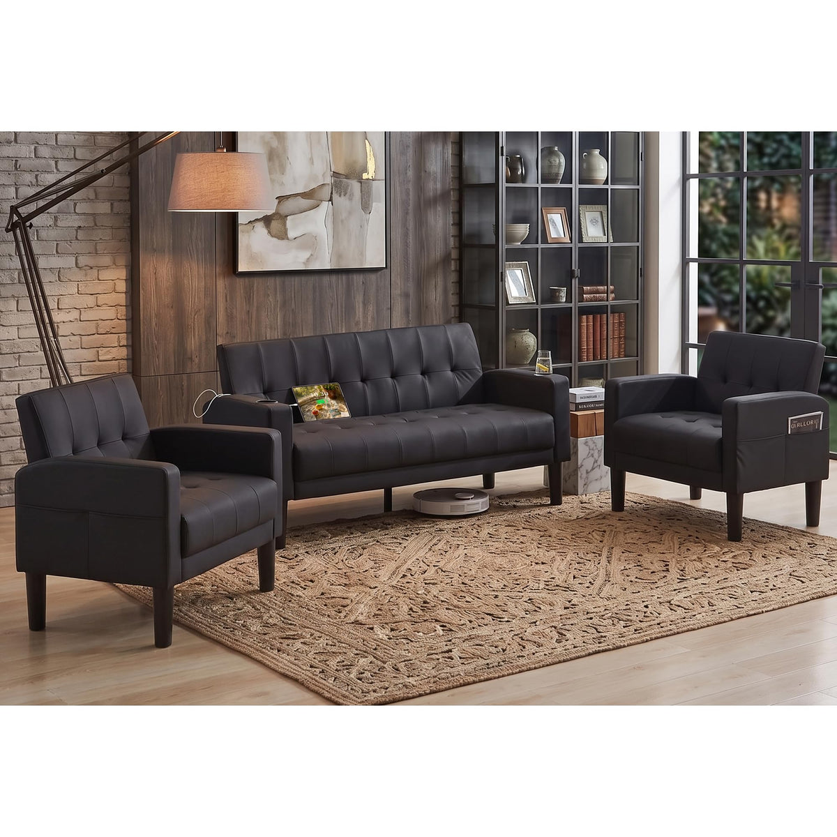 2 Piece Dark Grey Fabric Linen Mid Century Modern Living Room Sofa Set