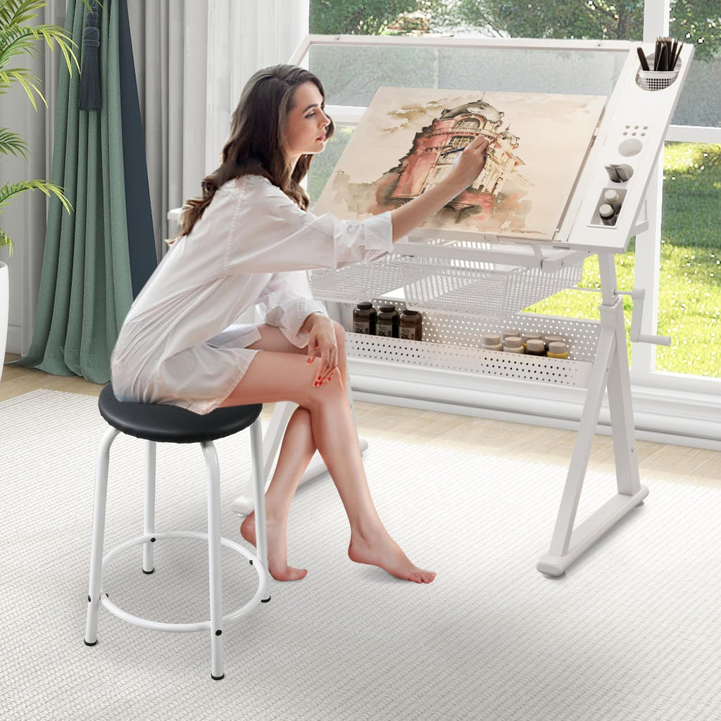 Black Drafting Table Desk w/Stool, Painting Table Art Craft Desk Crafting Table with Tilting Tempered Glass Top, 2 Storage Drawers, Height Adjustable