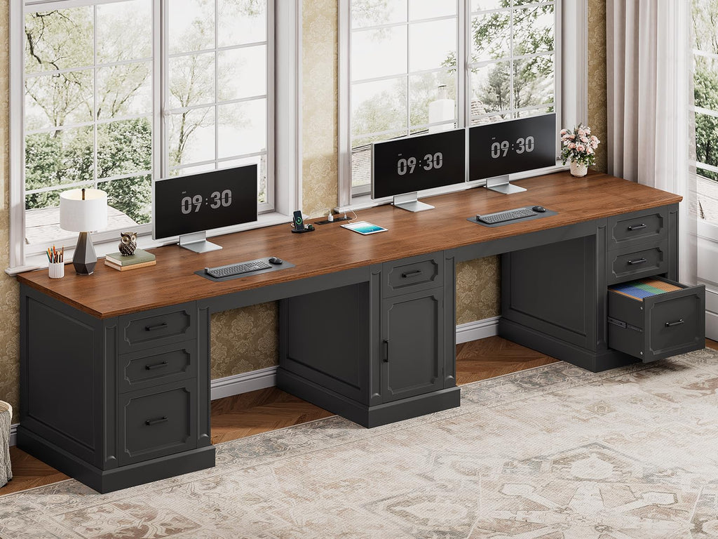 SEDETA Farmhouse 70.9" Executive Desk, Home Office Desk with File Drawers and Storage Cabinet, Computer Desk with Power Outlet for Home Office, Work Study Writing, Black+Brown