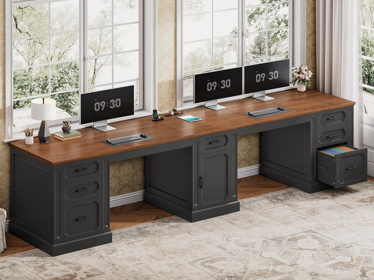 SEDETA Farmhouse 70.9" Executive Desk, Home Office Desk with File Drawers and Storage Cabinet, Computer Desk with Power Outlet for Home Office, Work Study Writing, Black+Brown