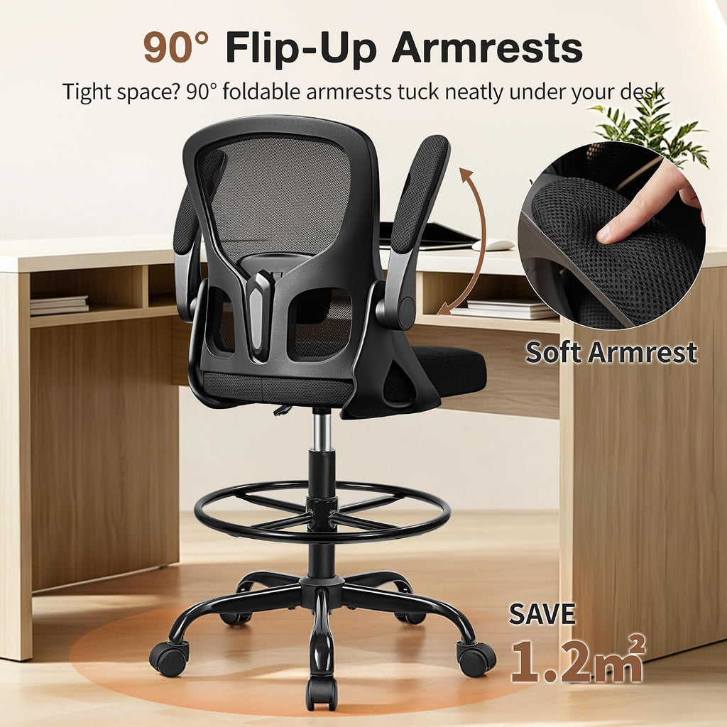 Drafting Chair, Tall Office Chair for Standing Desk with Flip-Up Armrests, Adjustable Foot Ring & Lumbar Support, Breathable Mesh High Desk Stool for Studio & Drafting Table, Black