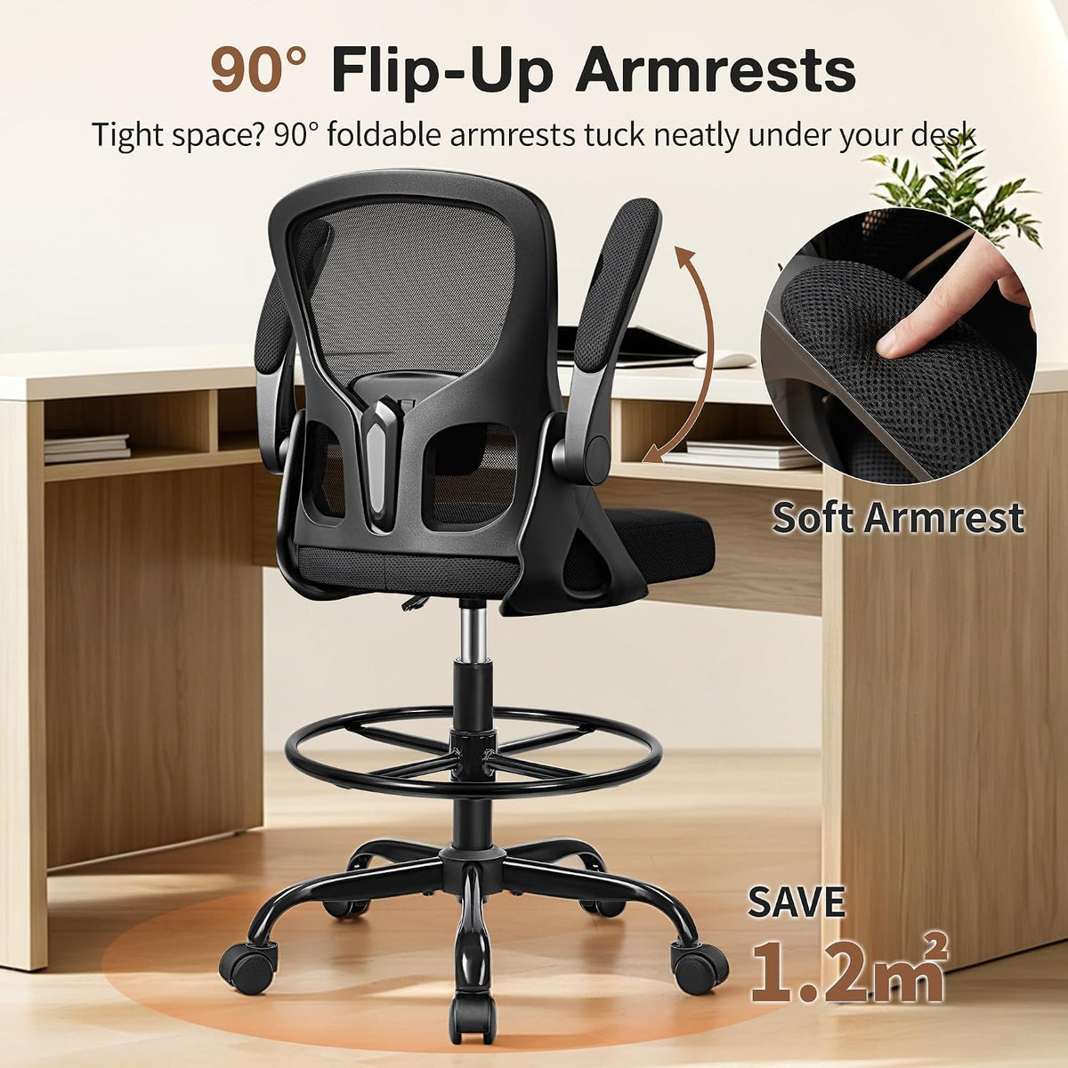 Drafting Chair, Tall Office Chair for Standing Desk with Flip-Up Armrests, Adjustable Foot Ring & Lumbar Support, Breathable Mesh High Desk Stool for Studio & Drafting Table, Black