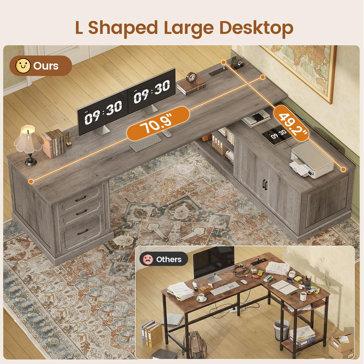 SEDETA Farmhouse 70.9" Executive Desk, Home Office Desk with File Drawers and Storage Cabinet, Computer Desk with Power Outlet for Home Office, Work Study Writing, Black+Brown
