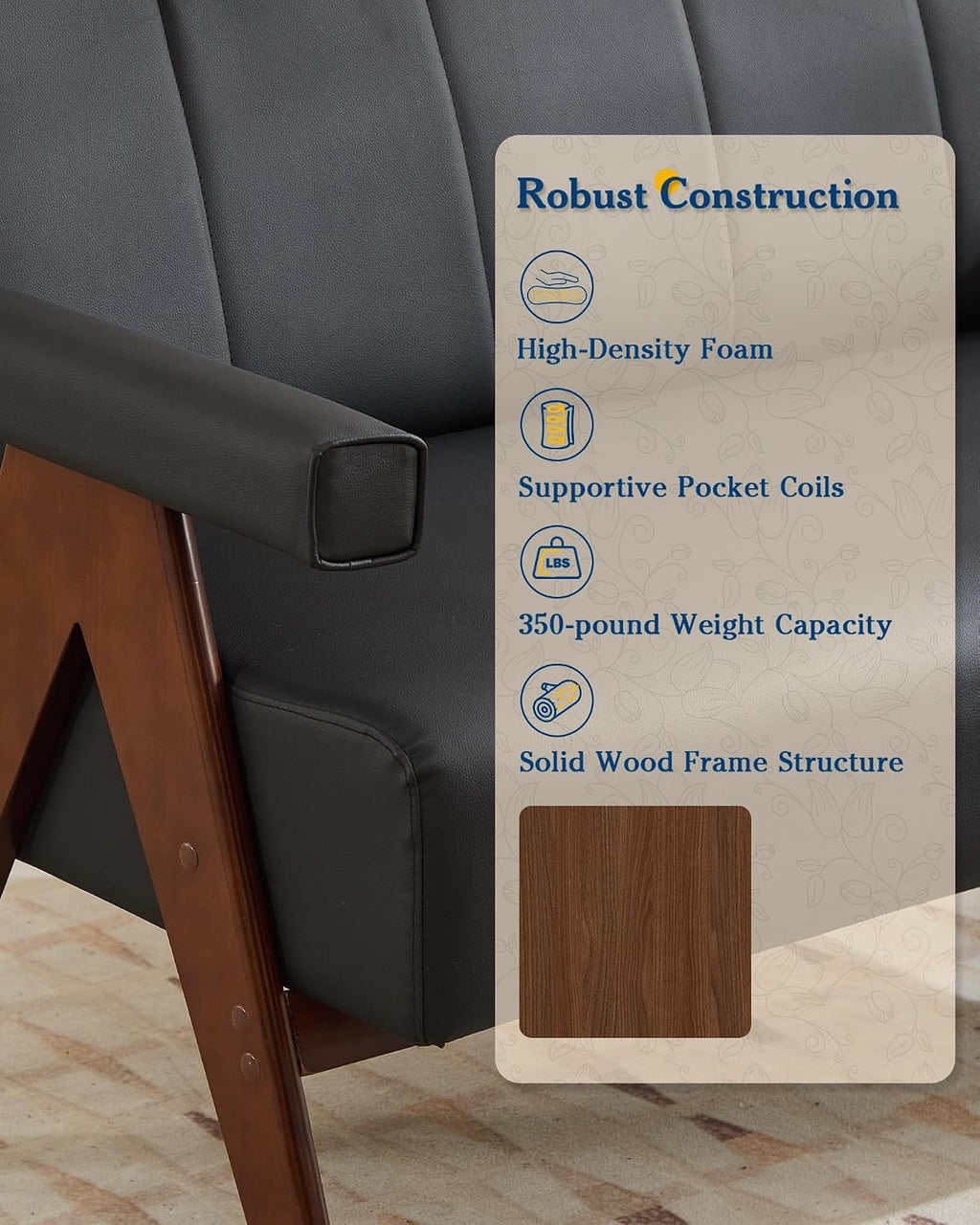 Mid Century Modern Black Faux Leather Accent Chair Set 2 Solid Wood Frame
