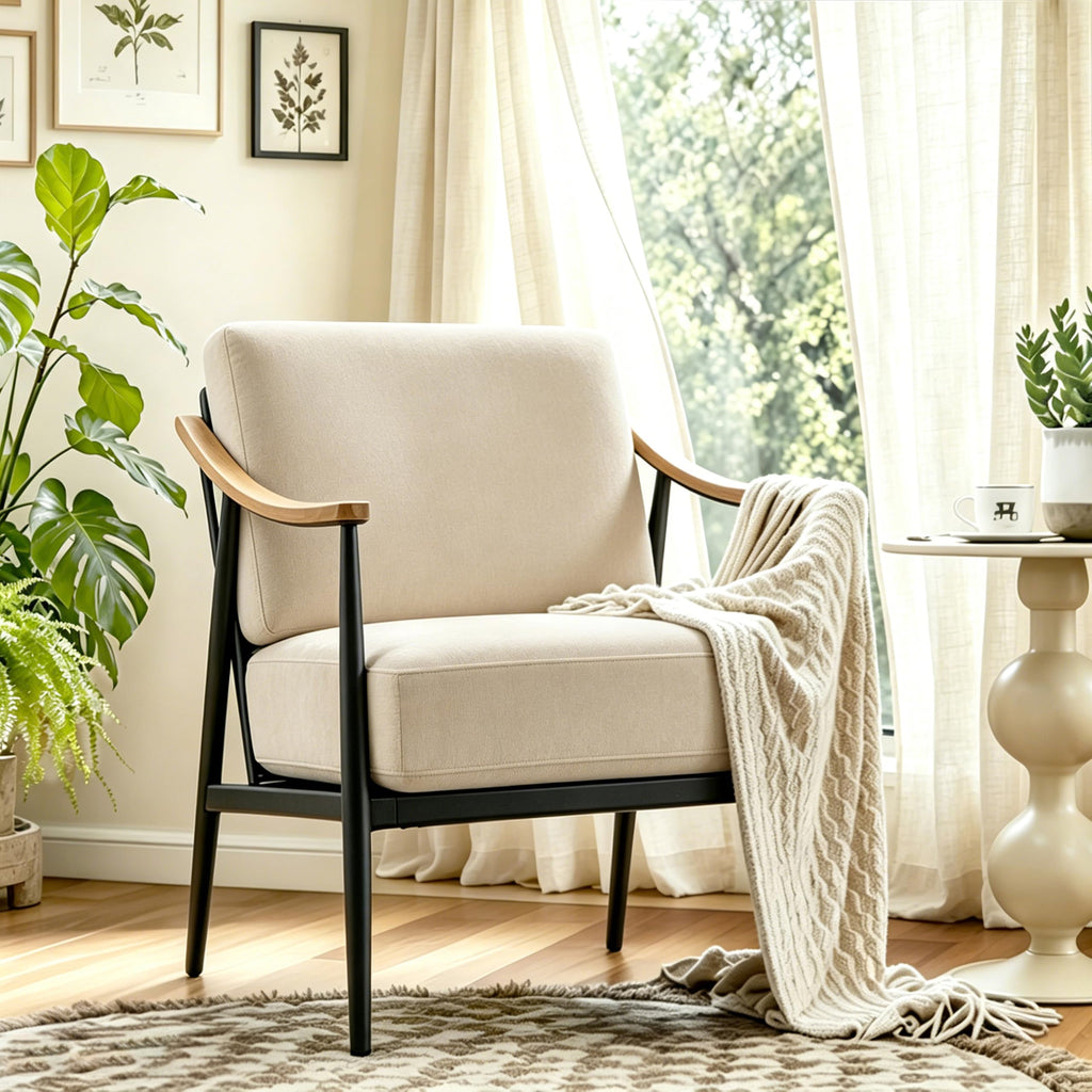 RNKSFX Modern Accent Chairs Set of 2 for Living Room Bedroom Mid Century Arm Chairs Upholstered Office Accent Chairs Comfy Waiting Room Chairs with Metal Frame, Beige