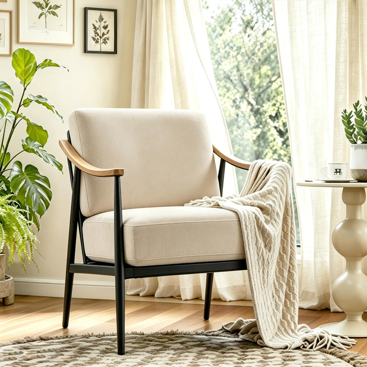 RNKSFX Modern Accent Chairs Set of 2 for Living Room Bedroom Mid Century Arm Chairs Upholstered Office Accent Chairs Comfy Waiting Room Chairs with Metal Frame, Beige