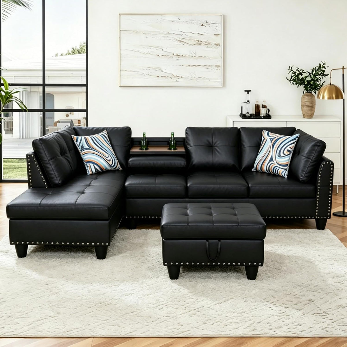 97.5" Leather L Shaped Couch with Left Chaise & Cup Holder, Sectional Sofas Modular Furniture Set with Storage Ottoman, Convertible Couches for Living Room, Office & Small Space (Black)