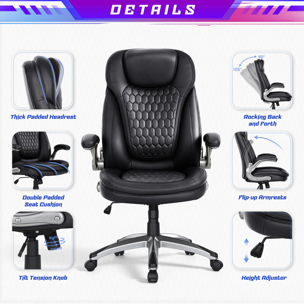COLAMY High Back Executive Office Chairs, Ergonomic PU Leather Desk Chairs with Flip-Up Armrests, Adjustable Height, Lumbar Support, Comfortable Computer Chairs for Home Office, Set of 2