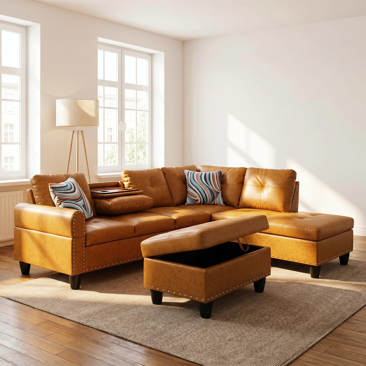 97.5" L-Shaped Modular Sectional Sofa with Movable Chaise & Storage Ottoman, 3 Piece Convertible Leather Couch, 4 Seat Gloss Black Living Room Furniture Set for Apartment Home Office