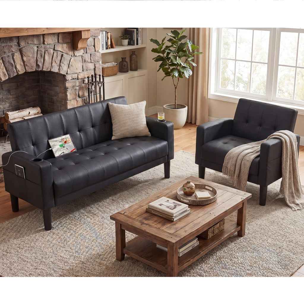 TYBOATLE Living Room Set, PU Leather Couch and Chairs w/USB & Type-C Ports