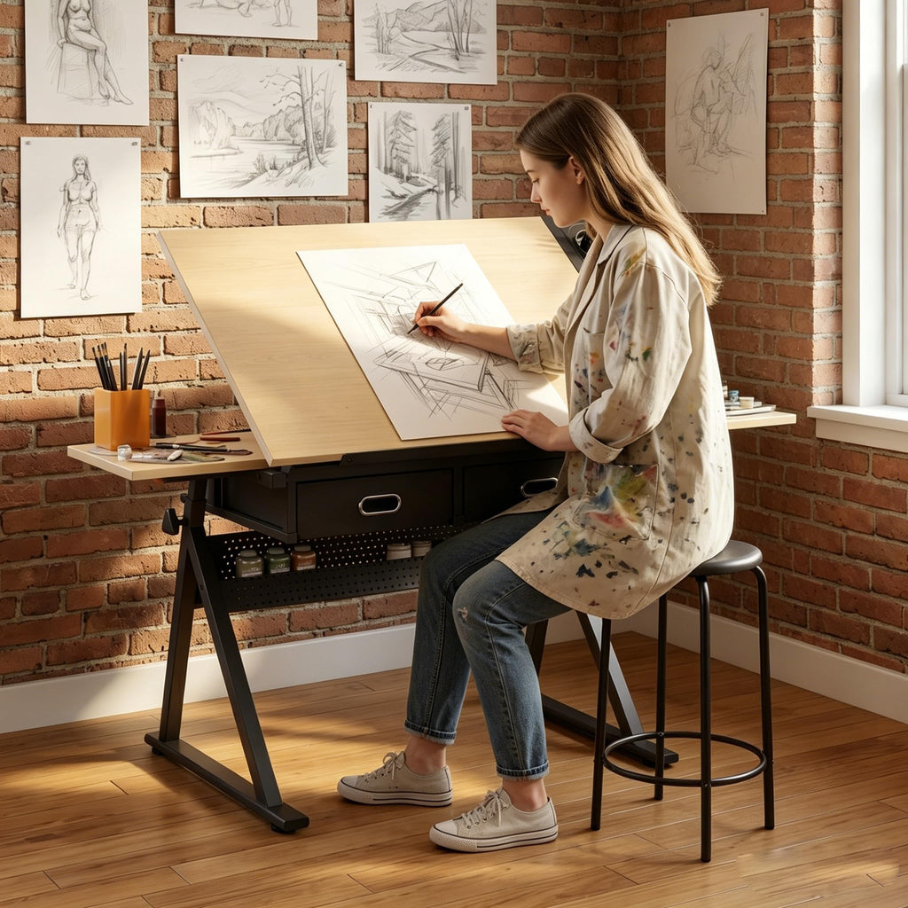 Height Adjustable Drafting Table Drawing Table Artist Desk Tilting Tabletop Art Craft Desk with 2 Storage Drawers and Stool, Art Craft Desk for Artist Painters Drawing Painting (All White)