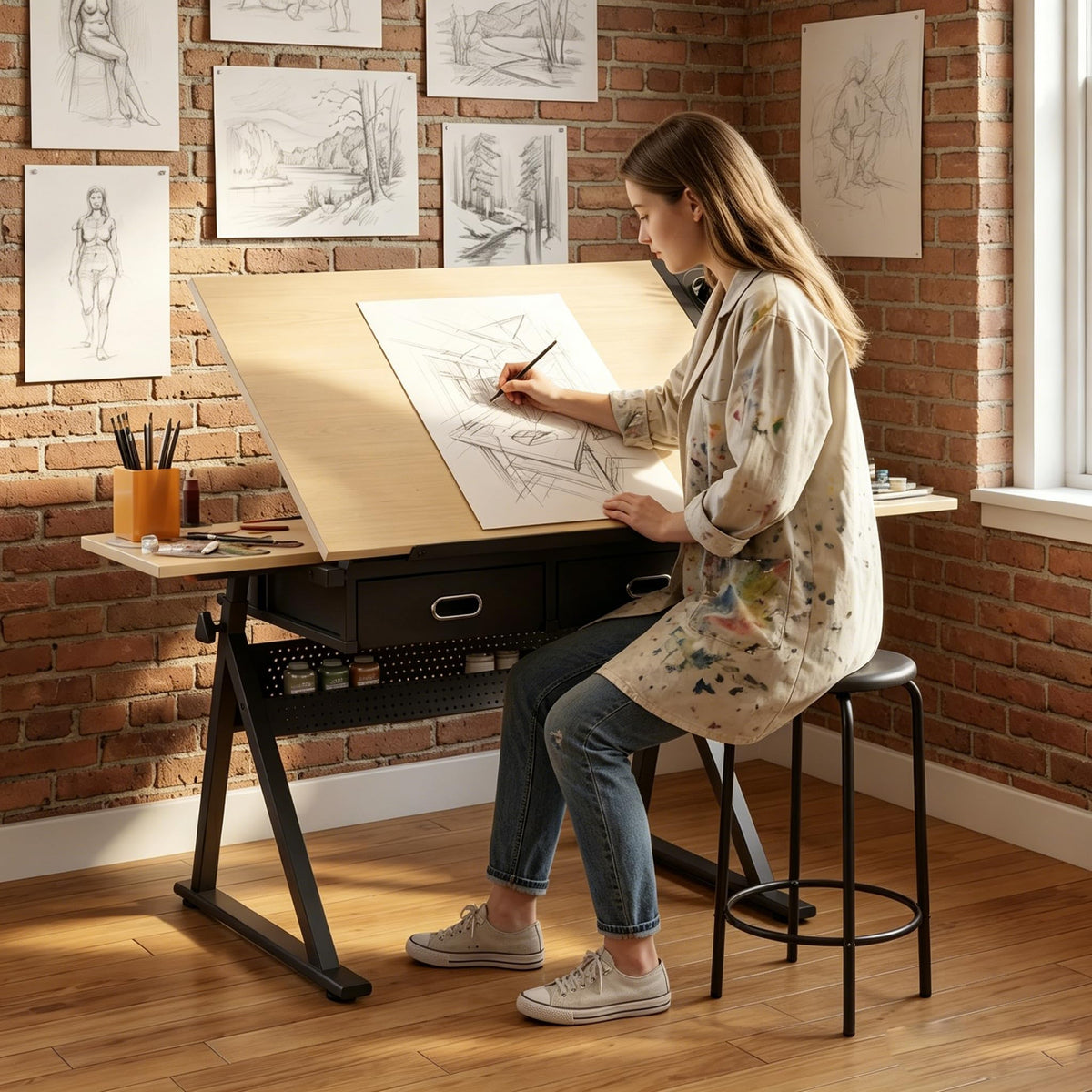 Height Adjustable Drafting Table Drawing Table Artist Desk Tilting Tabletop Art Craft Desk with 2 Storage Drawers and Stool, Art Craft Desk for Artist Painters Drawing Painting (All White)