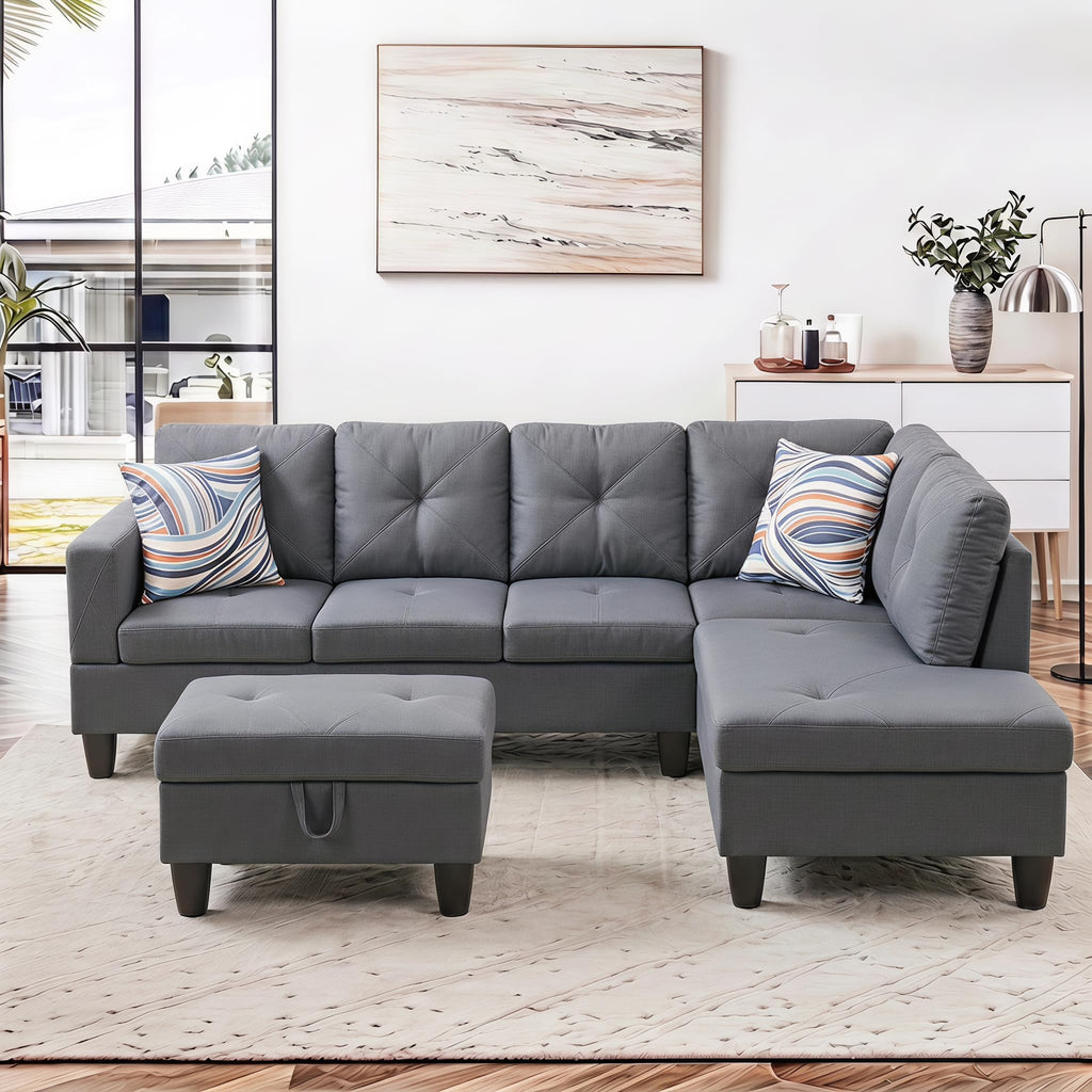 97.5" Leather L Shaped Couch with Left Chaise & Cup Holder, Sectional Sofas Modular Furniture Set with Storage Ottoman, Convertible Couches for Living Room, Office & Small Space (Black)