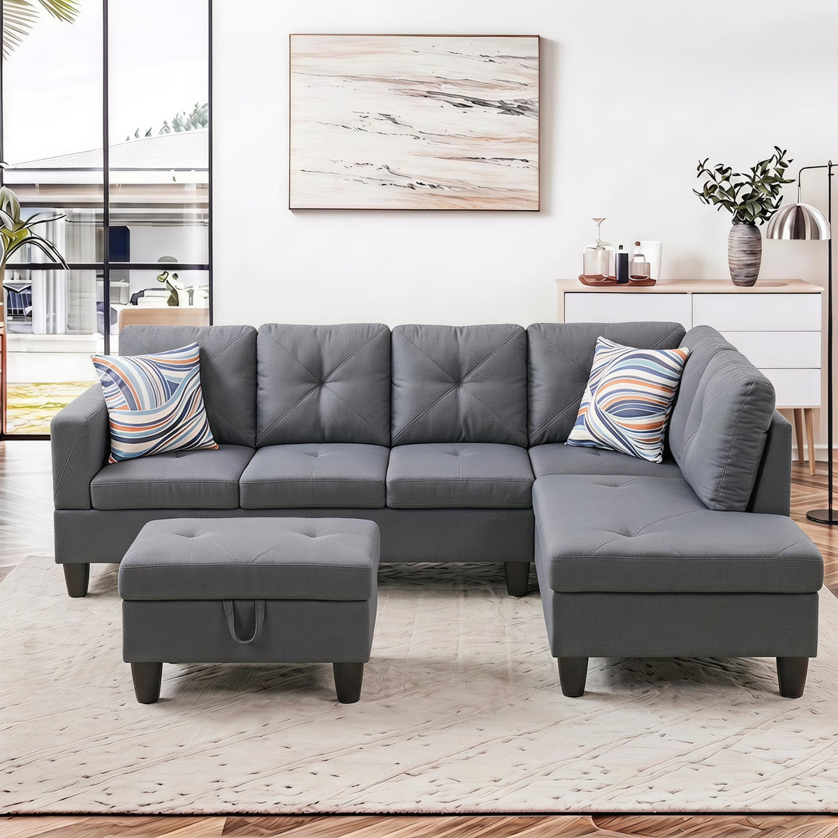 97.5" Leather L Shaped Couch with Left Chaise & Cup Holder, Sectional Sofas Modular Furniture Set with Storage Ottoman, Convertible Couches for Living Room, Office & Small Space (Black)