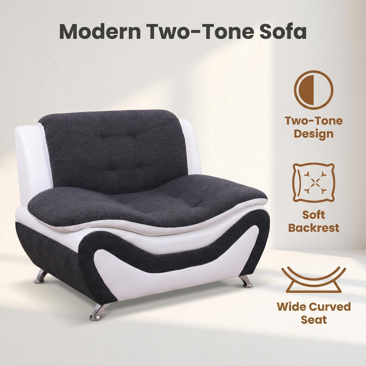 Modern Faux Leather Sofa Set â 3-Piece Living Room Couch with Chrome Legs & Padded Armrests â Includes 1-Seater, 2-Seater & 3-Seater â Contemporary Lounge Furniture for Home & Office (Brown)