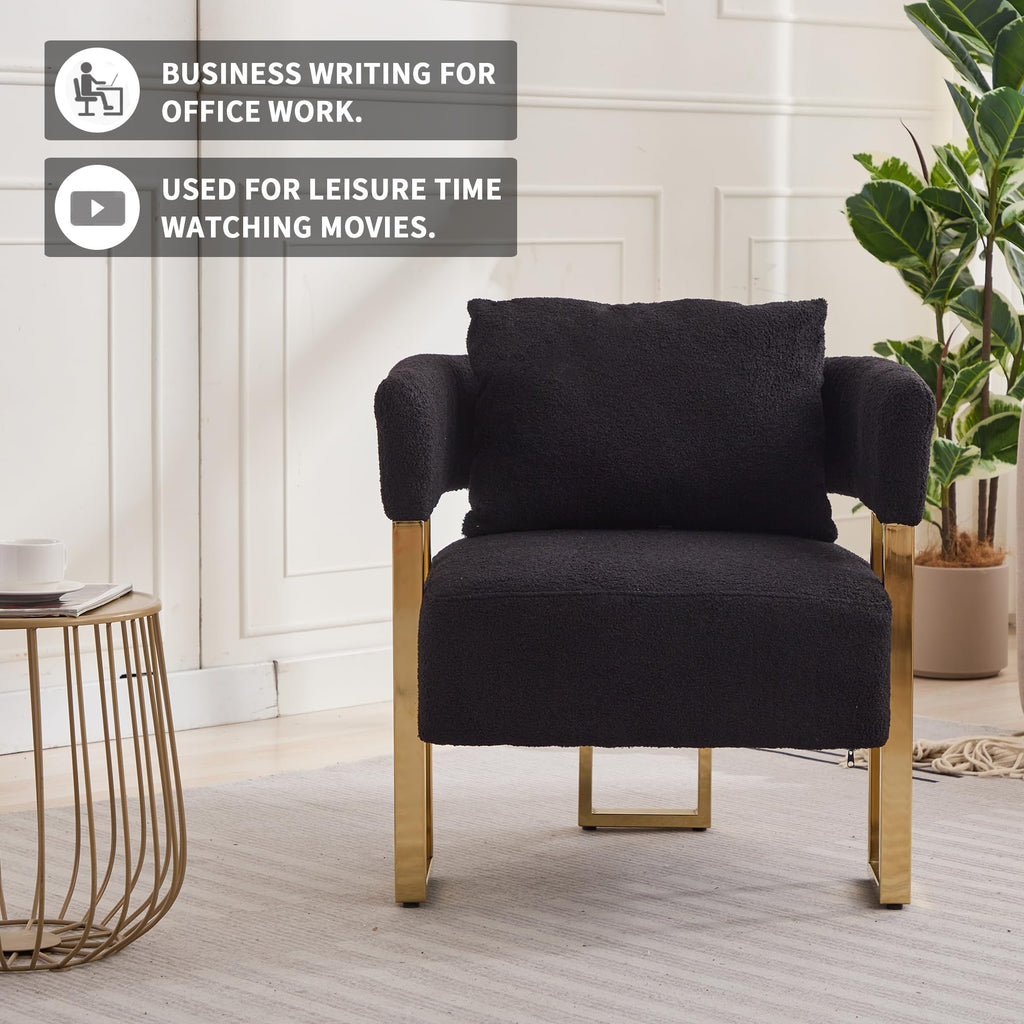 YISHENG Modern Barrel Accent Chairs Set of 2, Living Room Side Chairs with Golden Metal Legs Soft Upholstered Reading Armchairs no Wheels for Vanity/Reception Room//Bedroom/Lounge/Office,Black Teddy