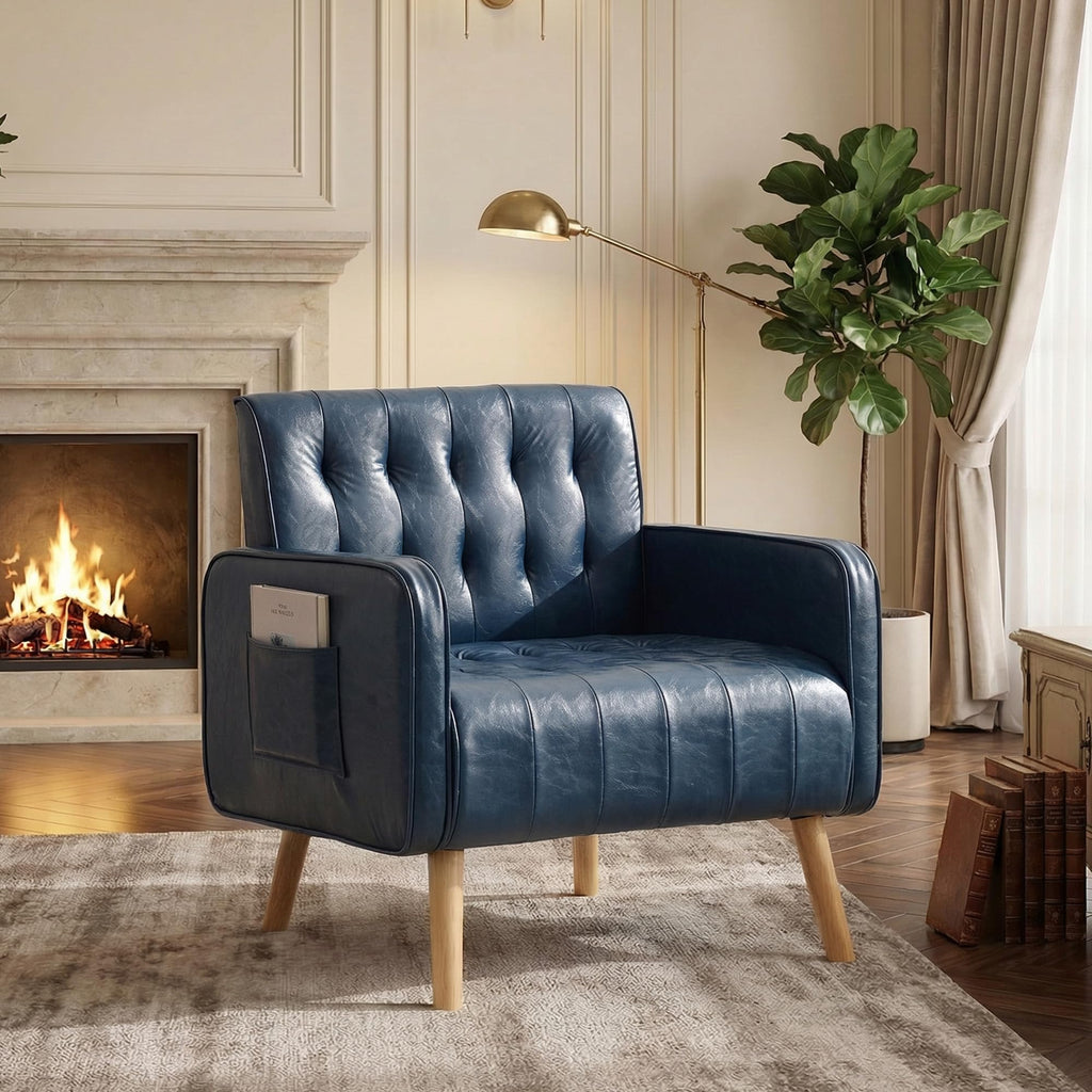 Leather Accent Chair Set of 2, Living Room Chair with Wooden Legs (Black)