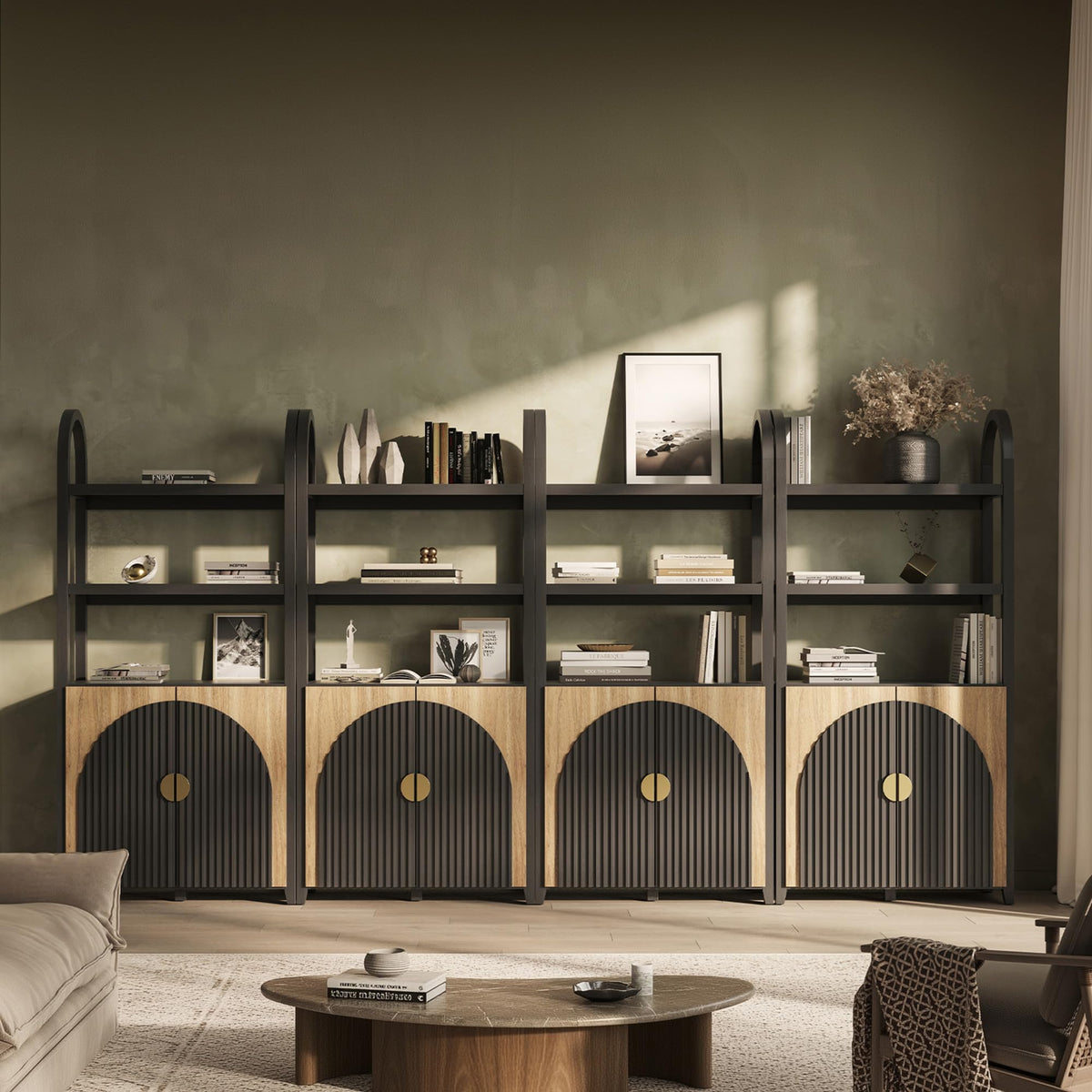 BELLEZE Book Shelf 72" Tall Arched Bookcase with Storage, 5 Tier Mid Century Modern Fluted Bookshelf with Doors, Modular Bookshelves for Living Room Office Library, Set of 2 (Caramel Brown)