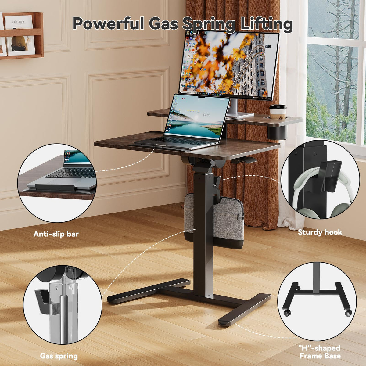 28" Mobile Standing Desk, Tiltable Top with 2-Tier Shelves, White