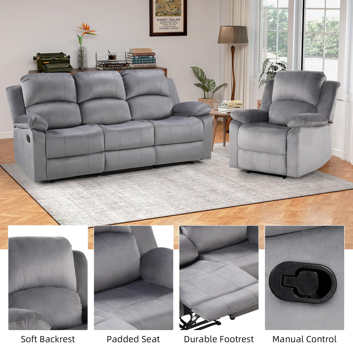 EBELLO Manual Faux Leather Reclining Couch Set for Living Room, Include 1 Recliner Chair, 1 Loveseat Sofa, Recliner Sofa Furniture Set for Home and Office, Black