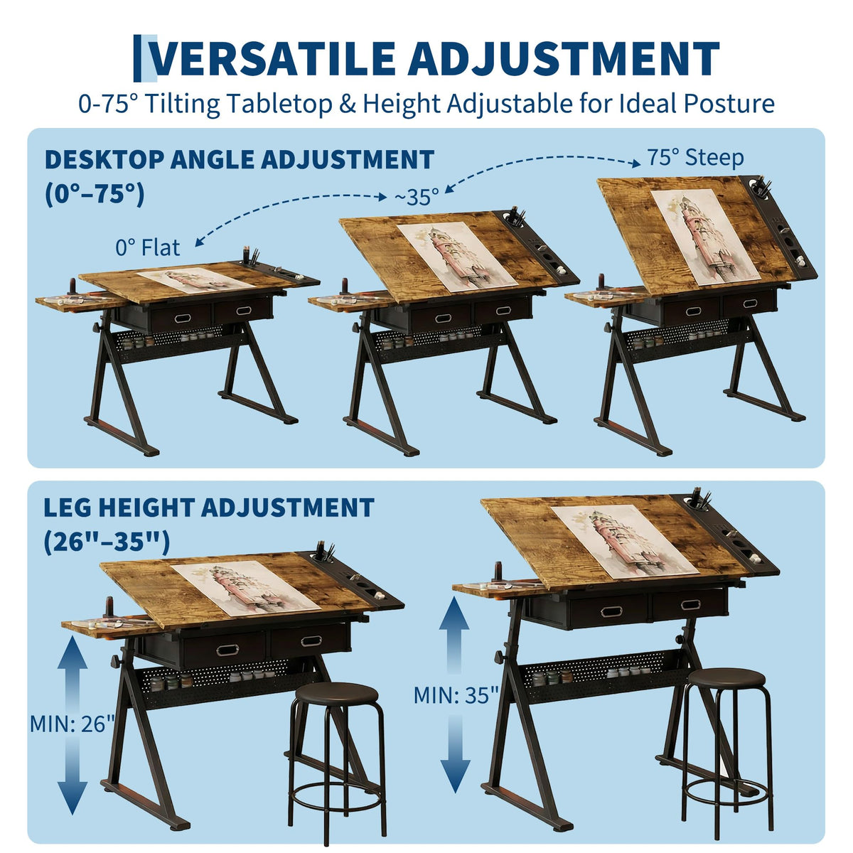Height Adjustable Drafting Table, 0-75Â° Tilting Drawing Table Art Desk