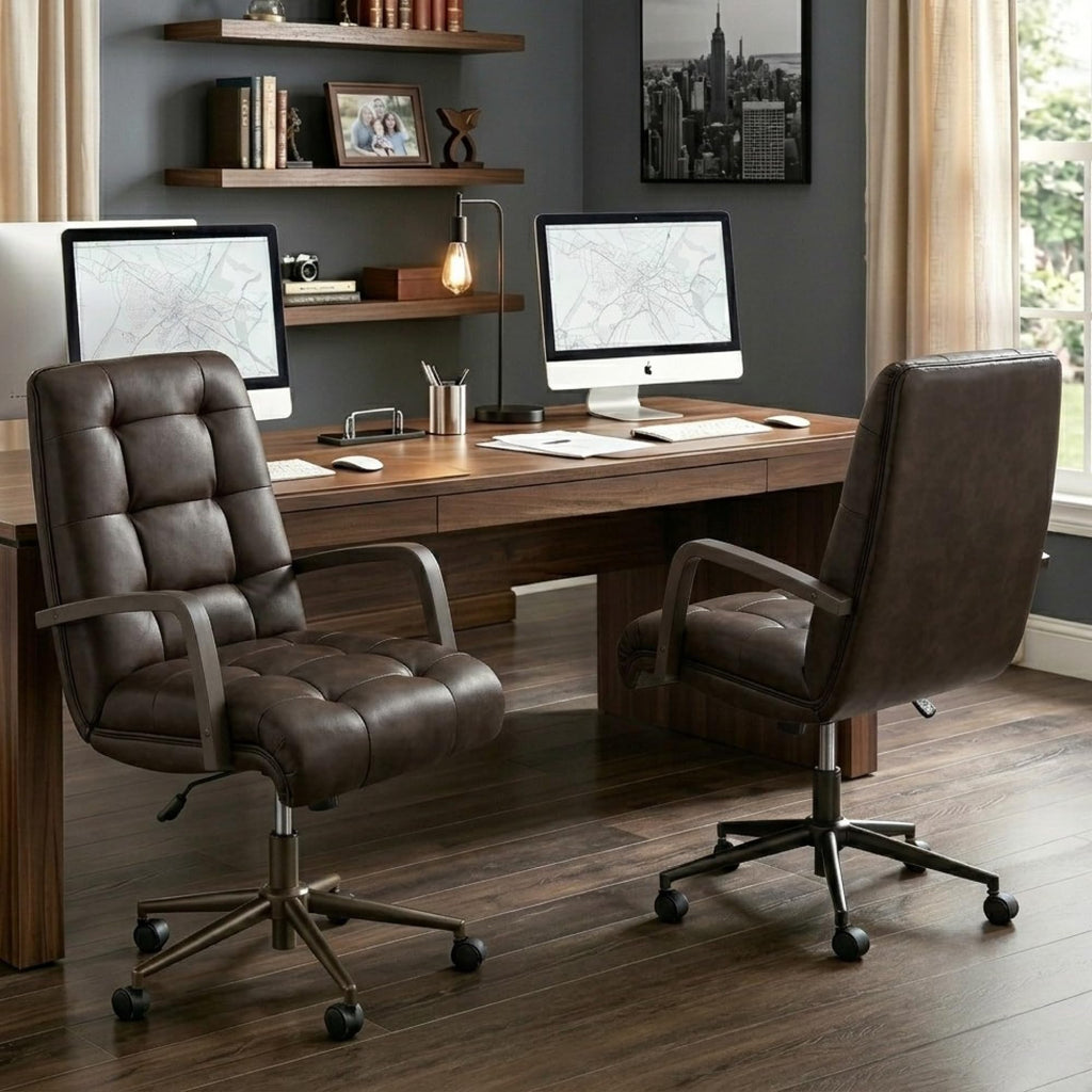 KISLOT Home Office Desk Chair, Ergonomic Office Chair with Lumbar Support, Adjustable Swivel Computer Chair with Wheels, Faux Leather Executive Task Chair with Wood Arms, Set of 2, Brown