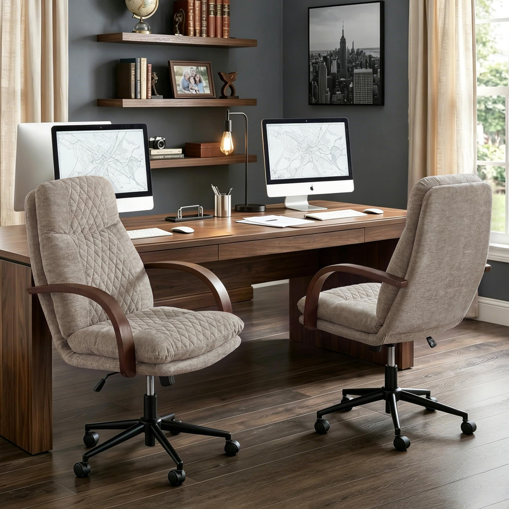 KISLOT Home Office Desk Chair, Ergonomic Office Chair with Lumbar Support, Adjustable Swivel Computer Chair with Wheels, Faux Leather Executive Task Chair with Wood Arms, Set of 2, Brown