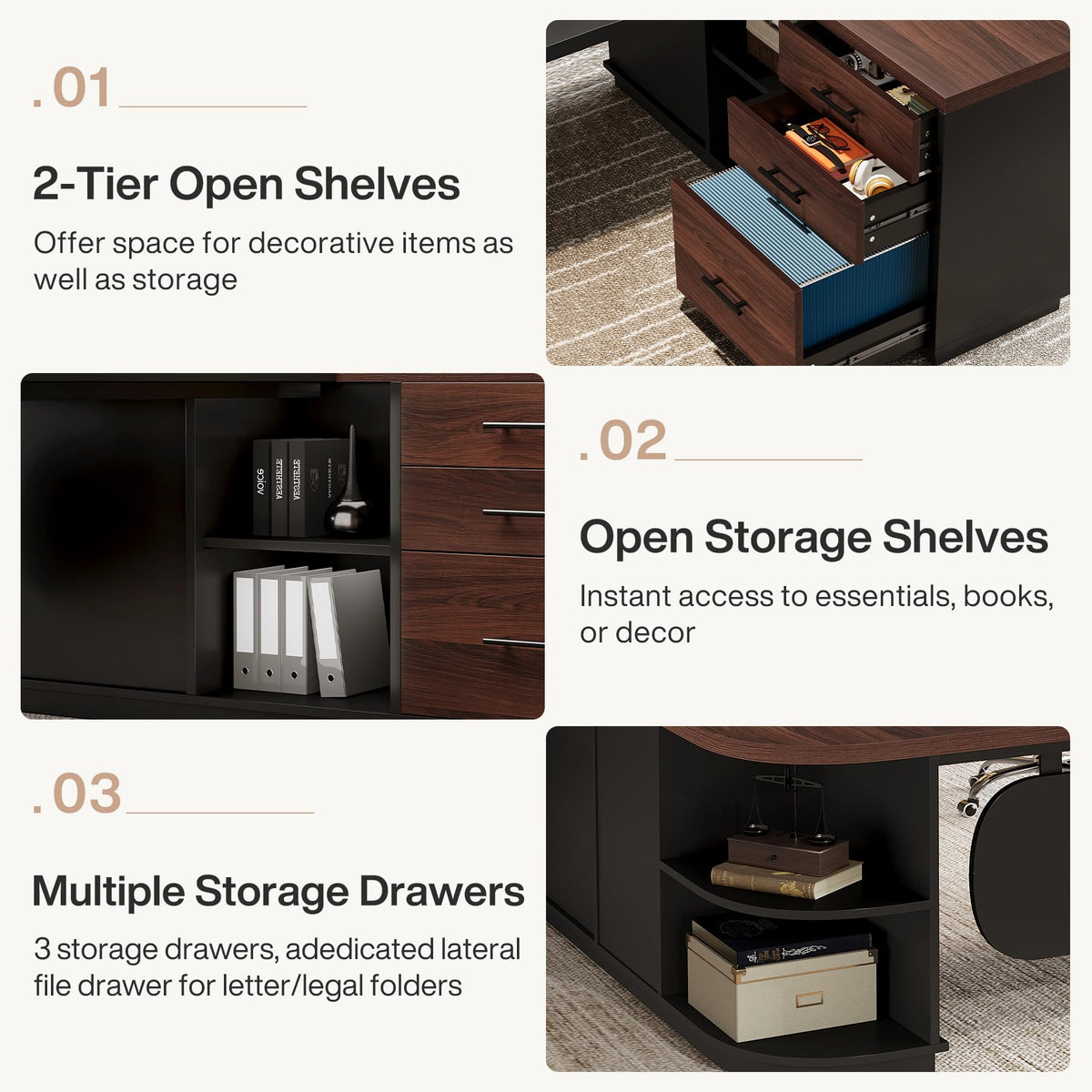 Tribesigns 81-Inch L-Shaped Office Desk, Large Commercial Office Desk with Drawers and File Cabinet, Modern Professional Business Furniture Workstations with Storage Shelves, Brown & Black