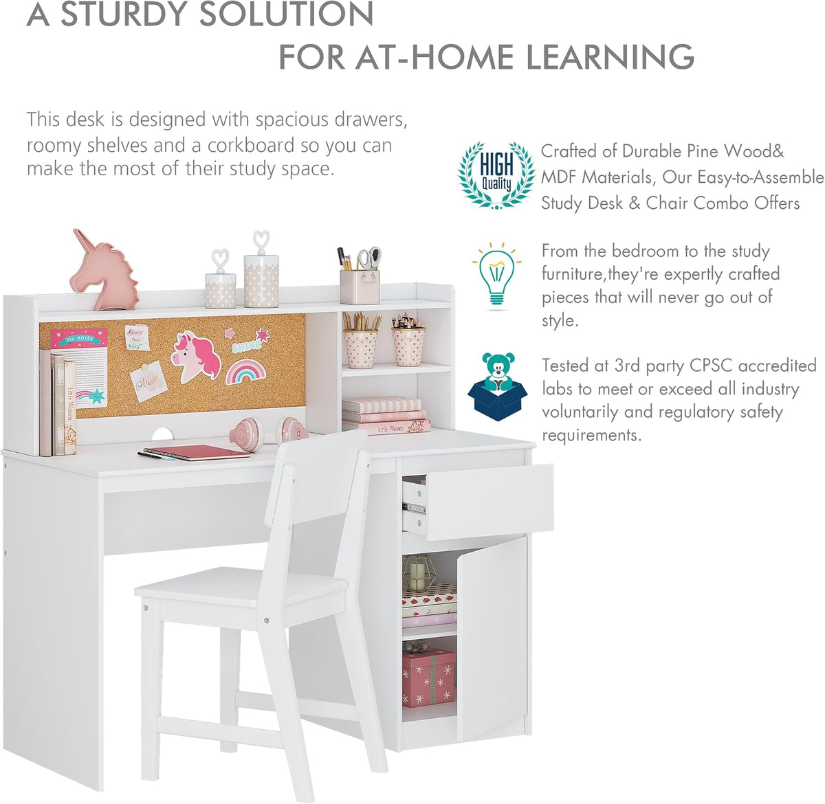 UTEX Wooden Kids Desk and Chair Set with Hutch and Storage for Ages 5-12