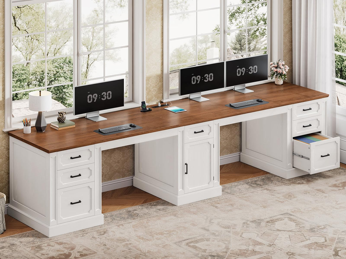 SEDETA Farmhouse 70.9" Executive Desk, Home Office Desk with File Drawers and Storage Cabinet, Computer Desk with Power Outlet for Home Office, Work Study Writing, Black+Brown