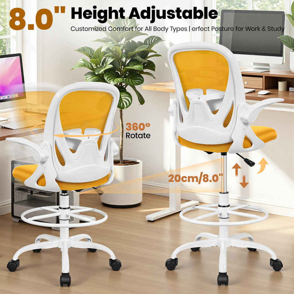 Drafting Chair Tall Office Chair with Flip-up Armrests, Adjustable Height, and Enhanced Lumbar Support - Ergonomic Rolling Stool, Back Support, and Adjustable Foot Rest Ring for Standing Desk White