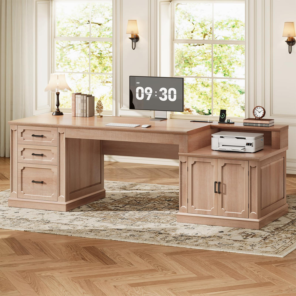 SEDETA Farmhouse 70.9" Executive Desk, Home Office Desk with File Drawers and Storage Cabinet, Computer Desk with Power Outlet for Home Office, Work Study Writing, Black+Brown