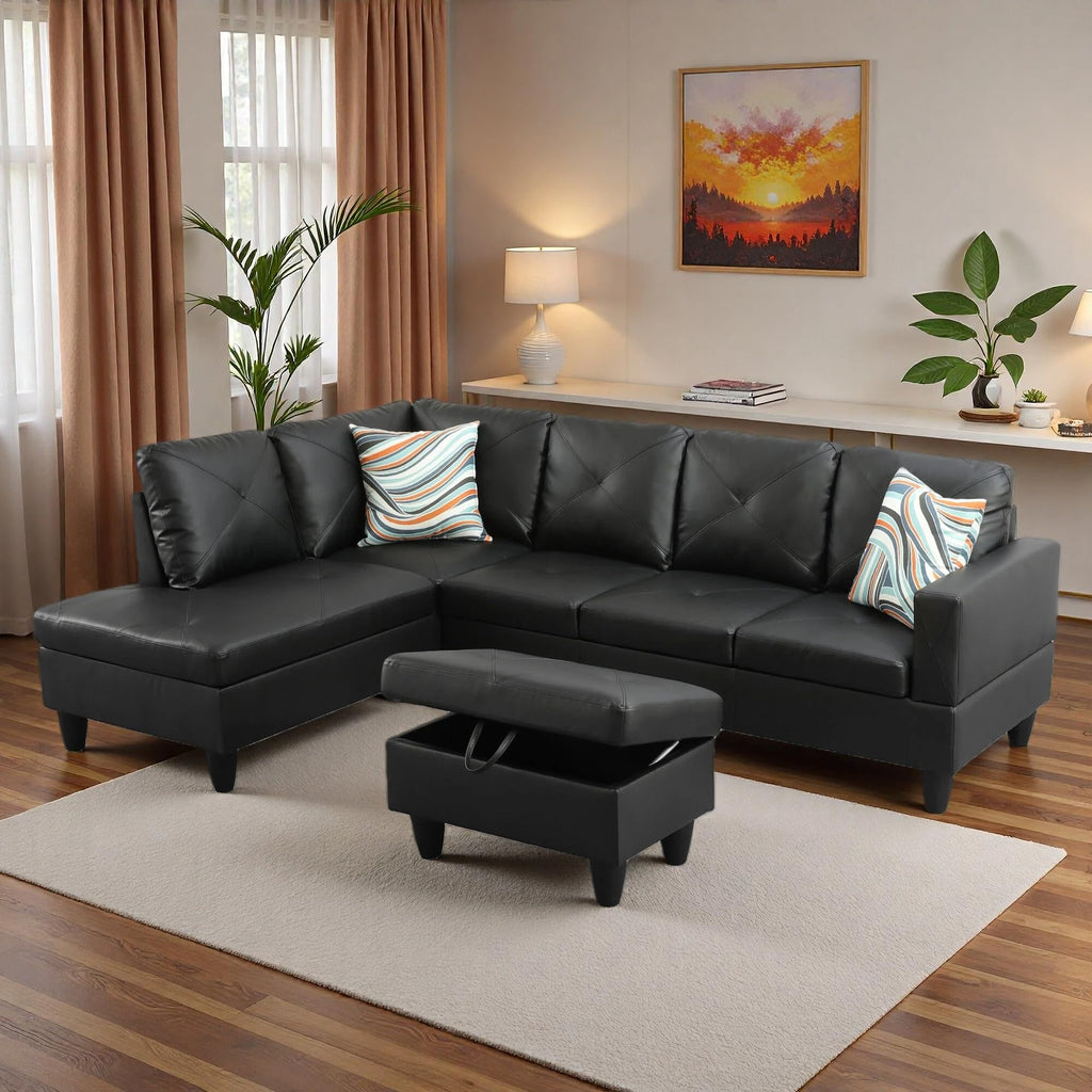 97.5" L-Shaped Modular Sectional Sofa with Movable Chaise & Storage Ottoman, 3 Piece Convertible Leather Couch, 4 Seat Gloss Black Living Room Furniture Set for Apartment Home Office