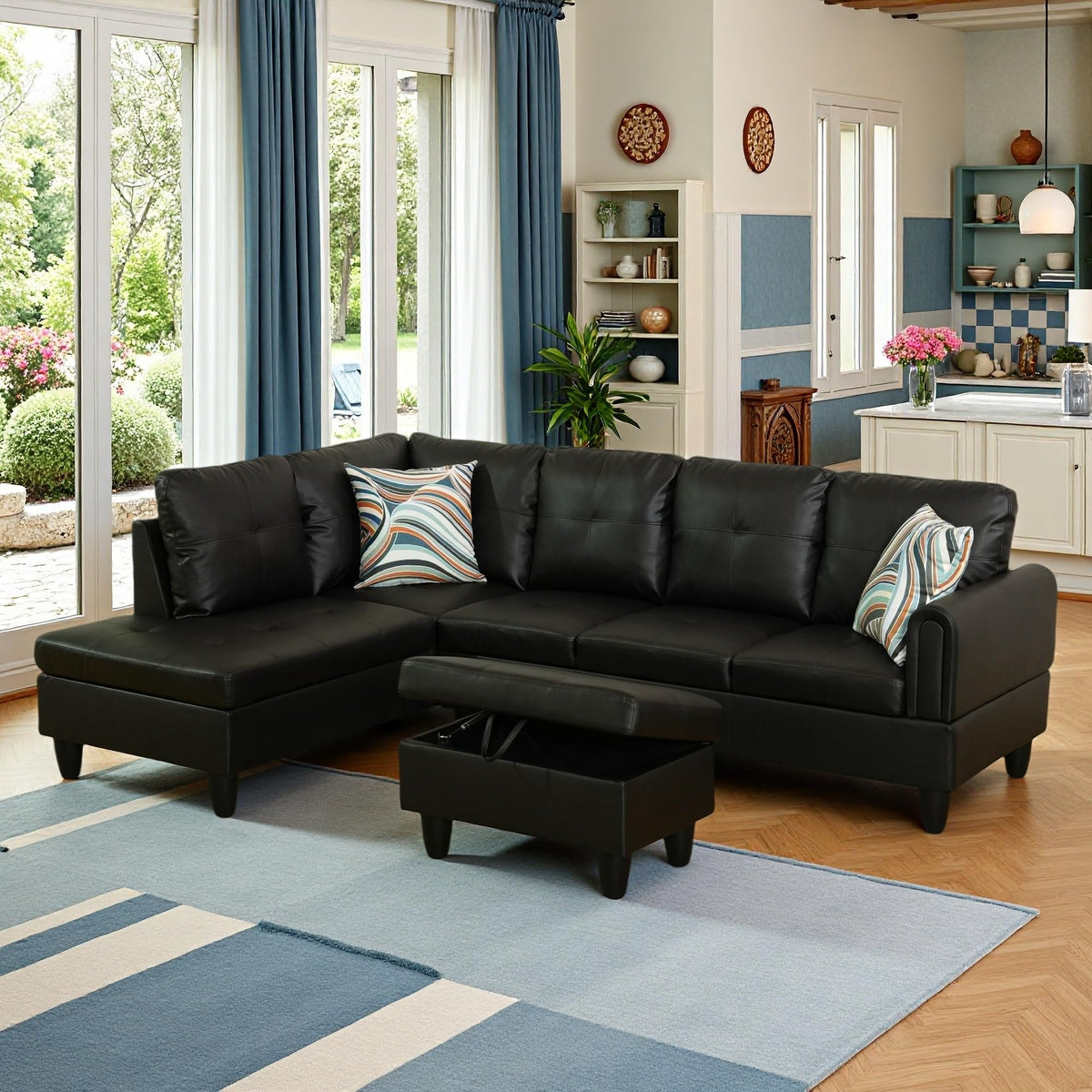 97.5" L-Shaped Modular Sectional Sofa with Movable Chaise & Storage Ottoman, 3 Piece Convertible Leather Couch, 4 Seat Gloss Black Living Room Furniture Set for Apartment Home Office