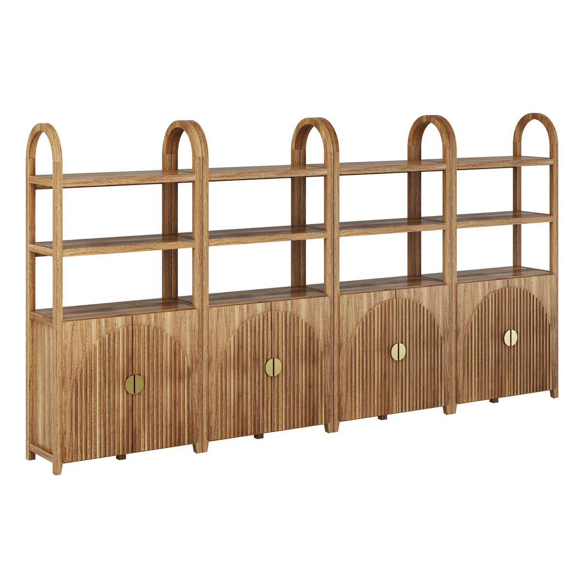 BELLEZE Book Shelf 72" Tall Arched Bookcase with Storage, 5 Tier Mid Century Modern Fluted Bookshelf with Doors, Modular Bookshelves for Living Room Office Library, Set of 2 (Caramel Brown)