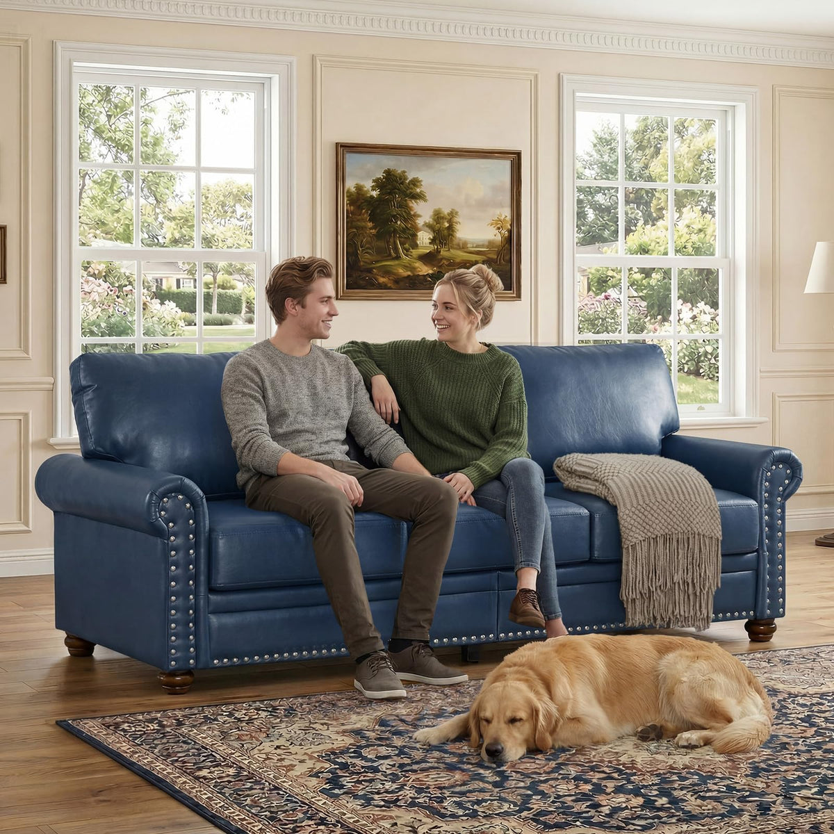 2 Piece Couch Sets for Living Room,Mid Century Modern Couch with Storage Nailhead Trim & Rolled Armrests,Deep Seat Comfy Couch,Furniture Set for Living Room,Bedroom,Office(Navy Blue,Loveseat+3 Seater)