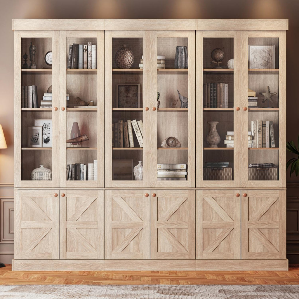 Vyre 71" Tall Farmhouse Bookshelves with Drawers, Set of 3 â Large Modular Bookcase with Adjustable Shelves, Storage Cabinet for Living Room, Kitchen, Home Office, Brown