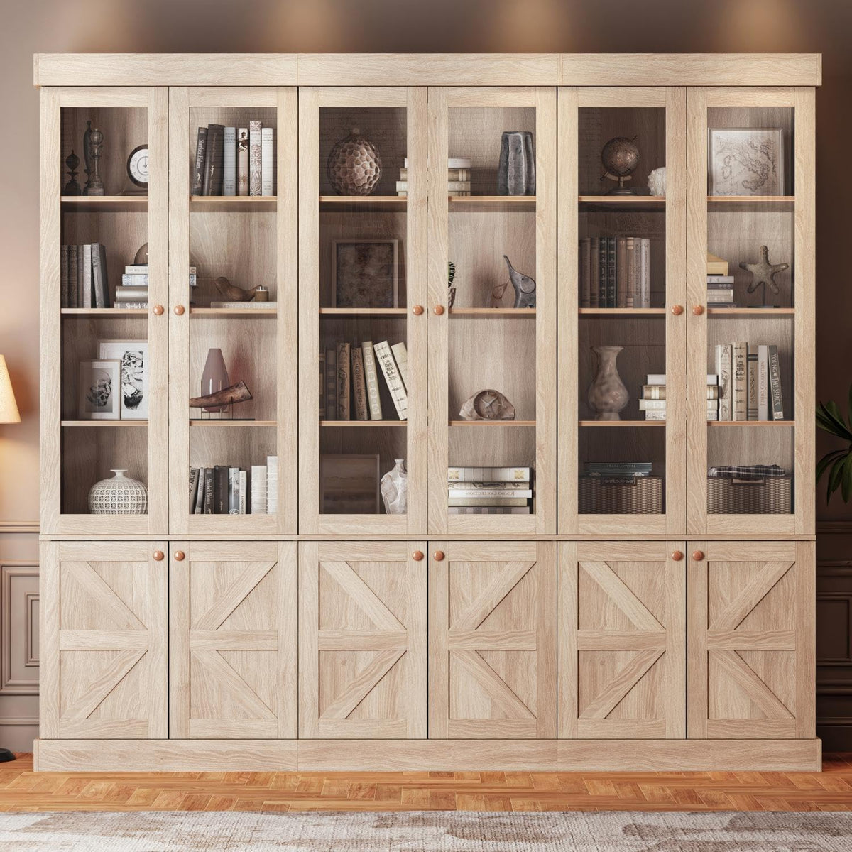 Vyre 71" Tall Farmhouse Bookshelves with Drawers, Set of 3 â Large Modular Bookcase with Adjustable Shelves, Storage Cabinet for Living Room, Kitchen, Home Office, Brown