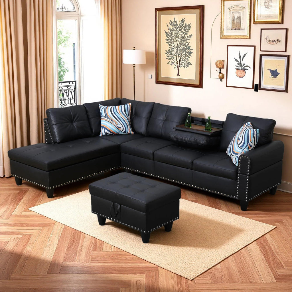 97.5" L-Shaped Modular Sectional Sofa with Movable Chaise & Storage Ottoman, 3 Piece Convertible Leather Couch, 4 Seat Gloss Black Living Room Furniture Set for Apartment Home Office