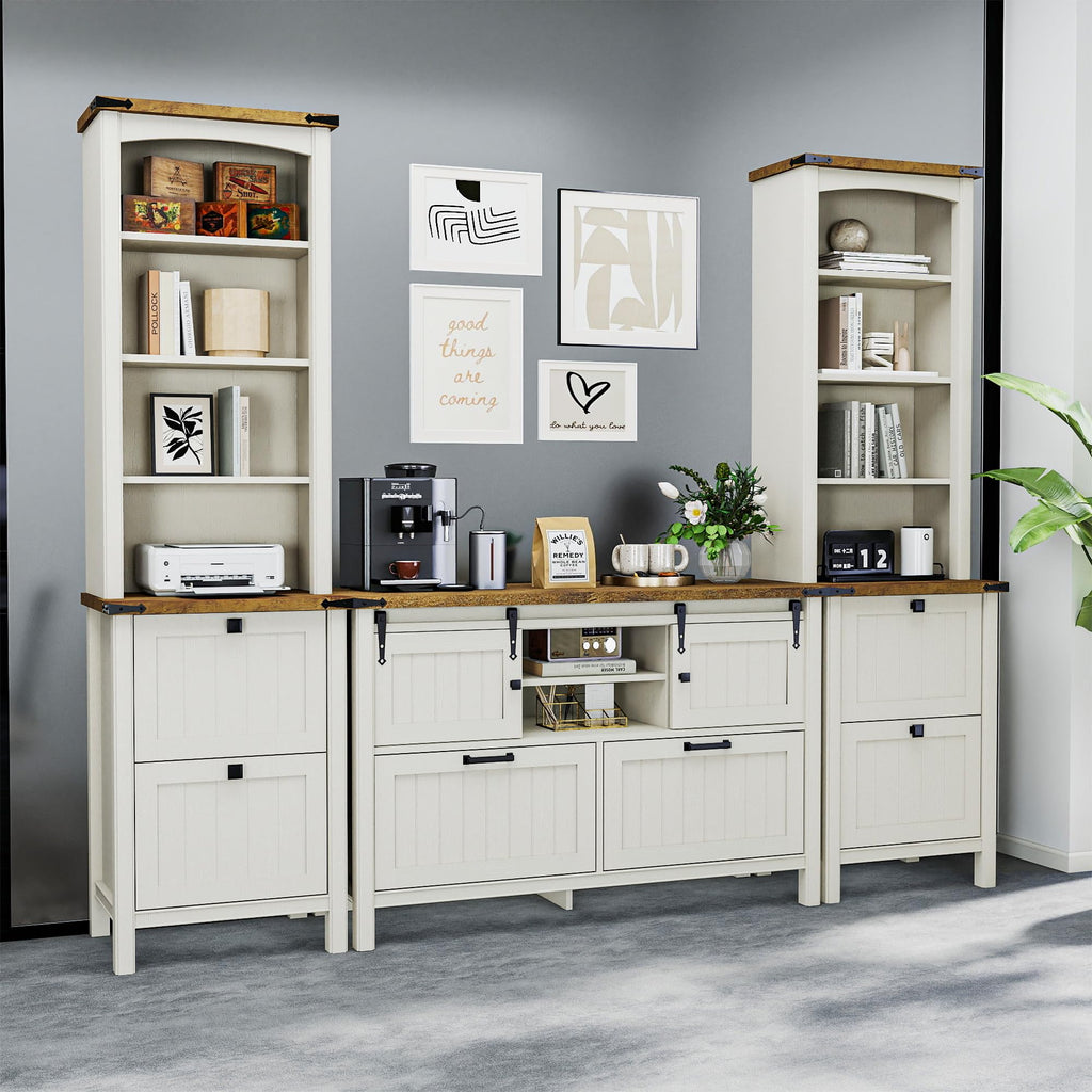 Farmhouse 3-Piece Home Office Set â 46" Wide 2-Drawer Lateral File Cabinet with Power Outlets & USB, Two 71" Tall 5-Tier Bookcases with Adjustable Shelves & Anti-Tip Kit, Black
