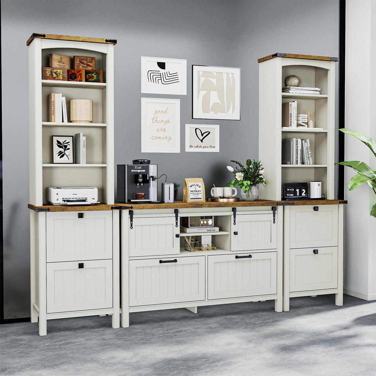 Farmhouse 3-Piece Home Office Set â 46" Wide 2-Drawer Lateral File Cabinet with Power Outlets & USB, Two 71" Tall 5-Tier Bookcases with Adjustable Shelves & Anti-Tip Kit, Black