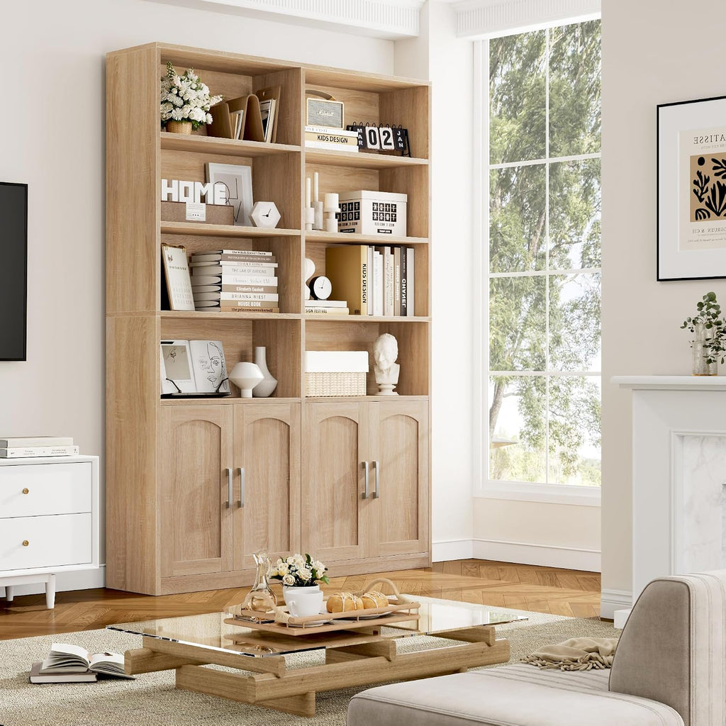 FACBOTALL Bookshelf and Bookcase with Doors, Double Wide Large Bookshelves